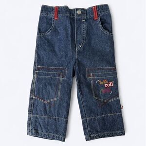 Fisher Price Lets Roll Out Jeans 12mo Pull On Blue Denim Flip Cuff Retro Baby